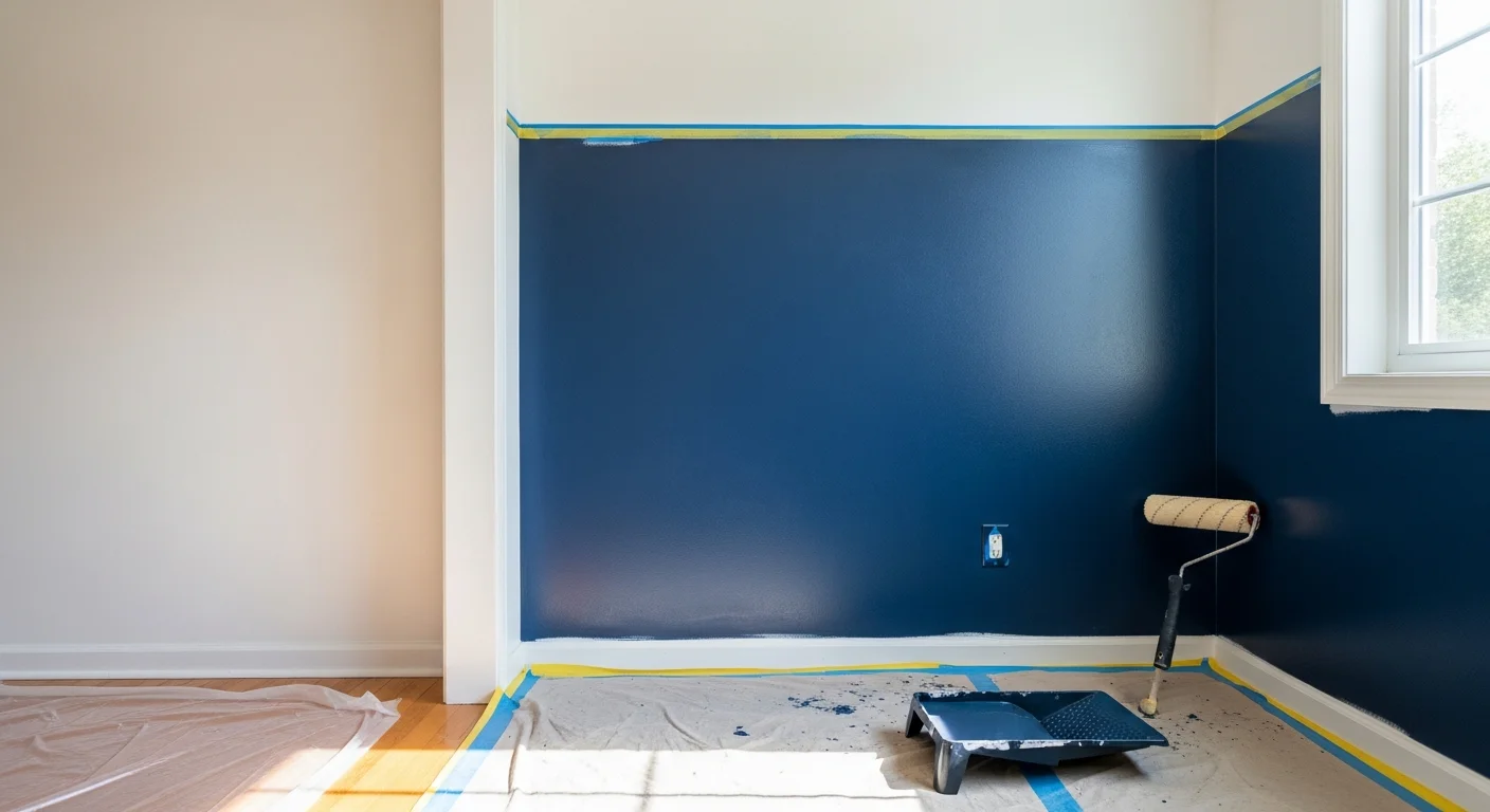 A freshly painted deep navy accent wall behind a sofa in a Hudson, Ohio colonial-style living room, with clean edges along white trim and natural light from a side window. The remaining three walls are painted a warm off-white, creating clear contrast without disrupting the room's traditional architectural details.