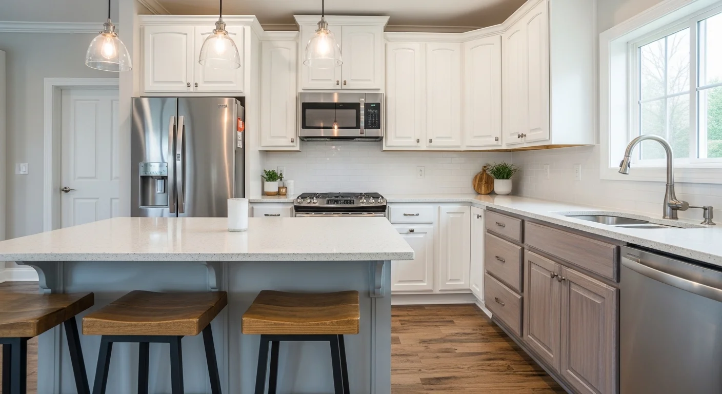 Freshly refinished kitchen cabinet doors with a smooth, even finish inside a large single-family home in Hudson, Ohio. The doors show clean lines and consistent color with no visible surface scratches or worn patches.
