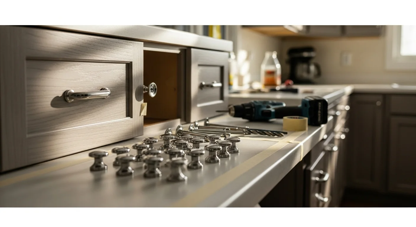 Close-up of newly installed cabinet pulls on refinished kitchen cabinet doors in a Hudson, Ohio home. The hardware is evenly aligned across upper and lower cabinet faces, with clean edges and no visible surface damage around the mounting points.
