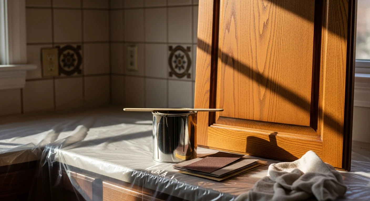 Close-up of freshly restained solid wood kitchen cabinets in a Hudson, Ohio home, showing even stain coverage on doors, drawer fronts, and frames. The natural wood grain is visible through the new finish in a well-lit kitchen interior.
