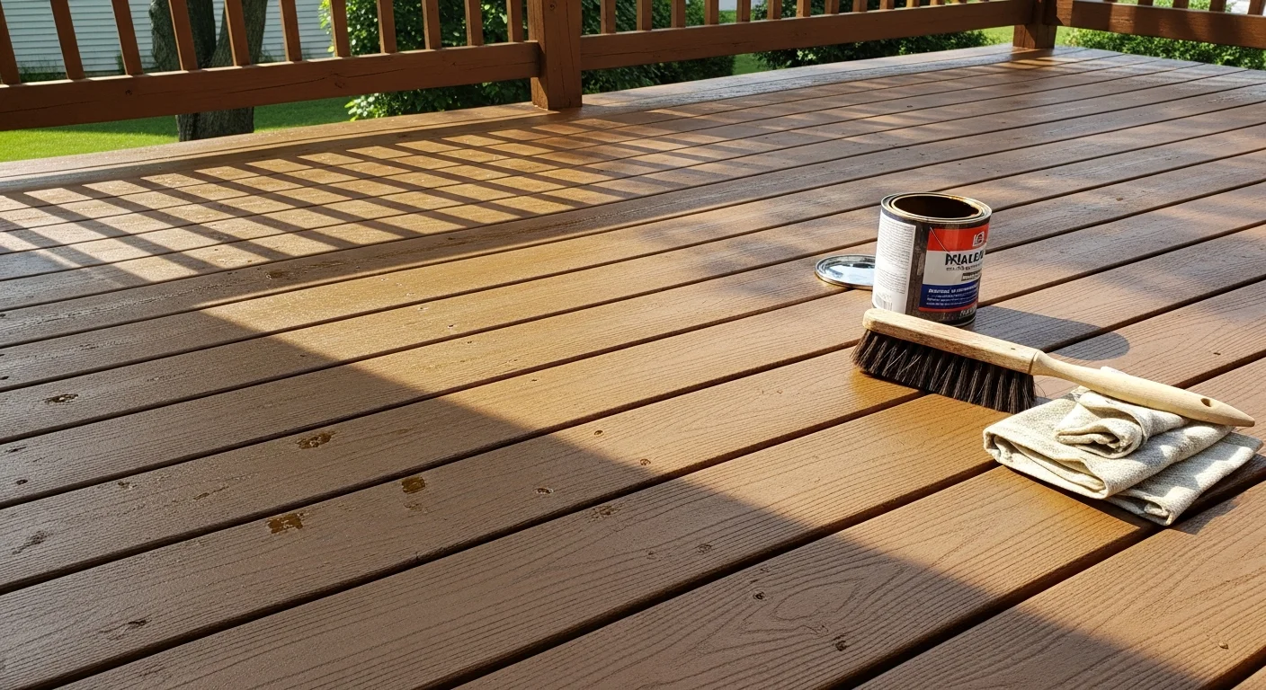 A freshly refinished wood deck behind a residential home in Hudson, Ohio, showing clean even stain coverage on the boards and railing. The deck sits in a shaded backyard typical of established Hudson neighborhoods with mature tree cover.