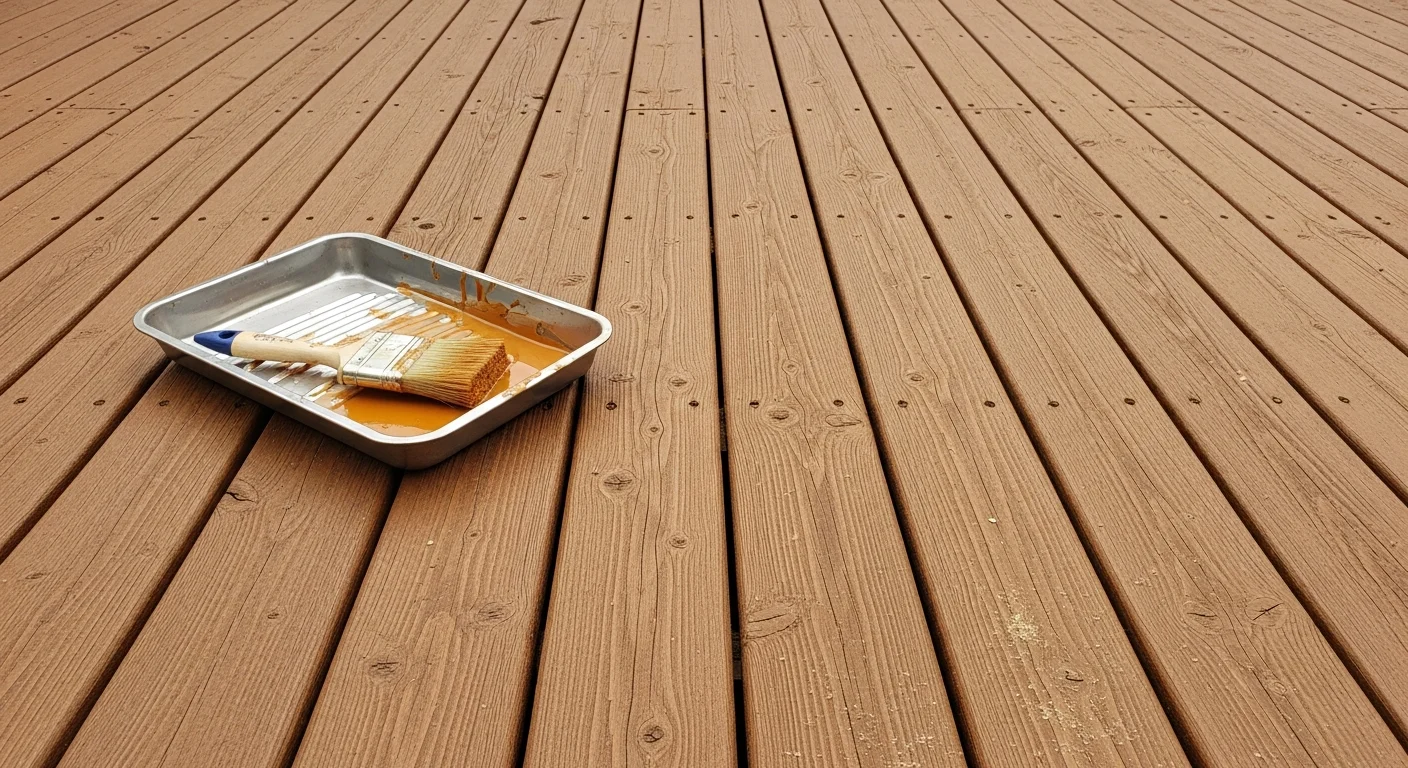 A freshly restained wood deck on a Hudson, Ohio home showing even, rich color across the deck boards, railings, and stair treads. The surface is clean and free of gray weathering or peeling finish.