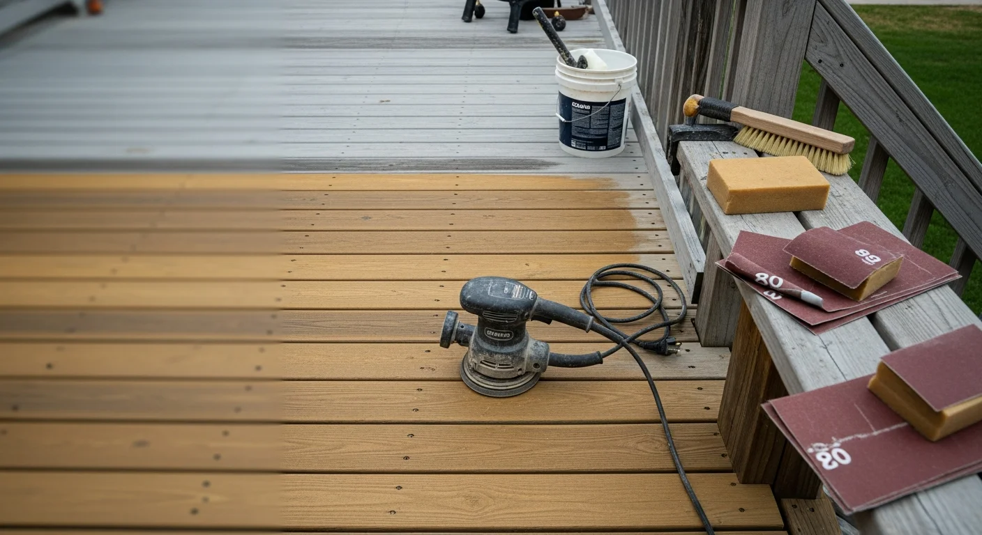 A Hudson, Ohio wood deck with freshly sanded boards showing clean, smooth grain free of gray weathering and old peeling finish. Railings and steps are uniformly sanded and ready for stain application.
