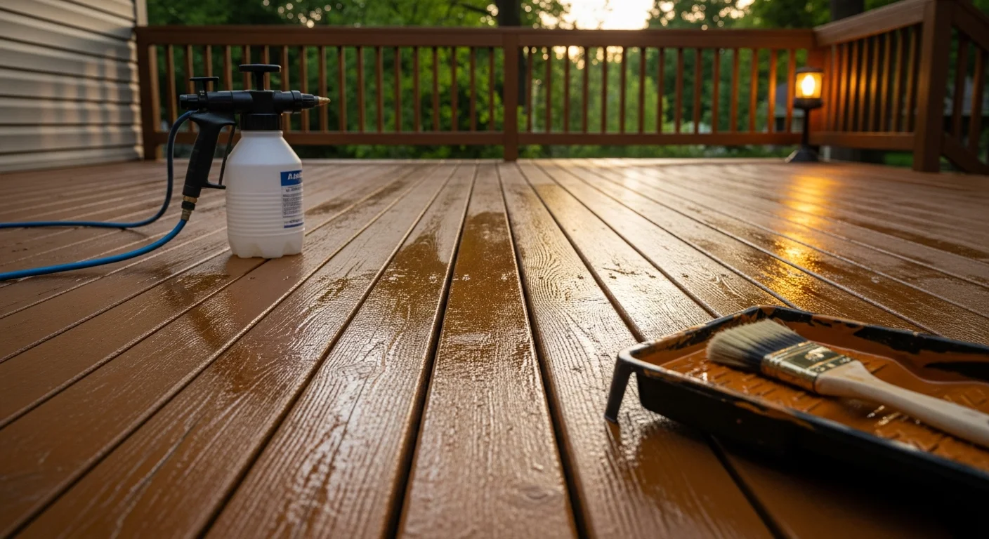 A freshly sealed wood deck on a Hudson, Ohio home with even, water-repellent surface finish visible on horizontal boards and stair treads. The deck shows clean, uniform color with no gray or cracked boards after professional sealing by Xclusive Painting Company.