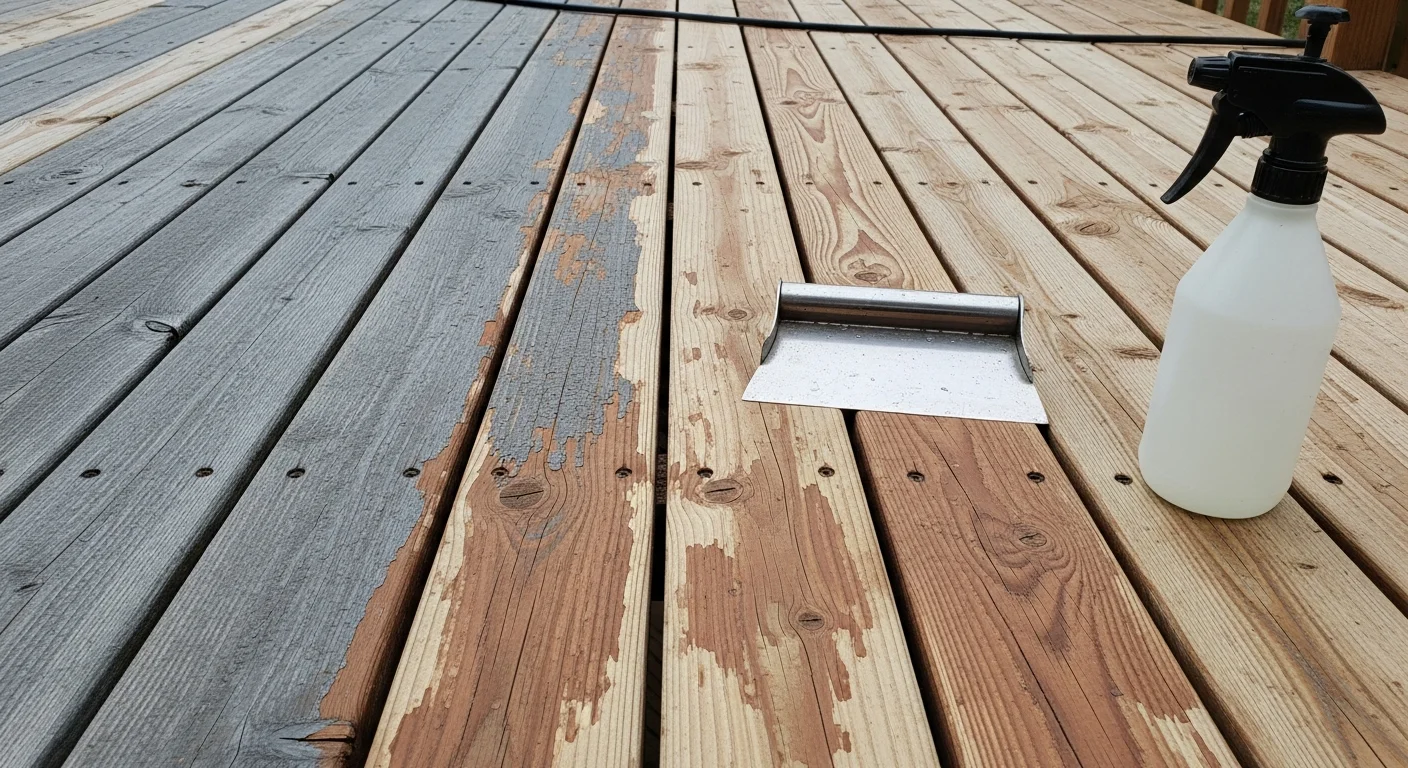 A Hudson, Ohio wood deck with old peeling stain stripped down to bare wood, showing clean boards ready for refinishing. A pressure washer and chemical stripper residue are visible on the deck surface during the removal process.