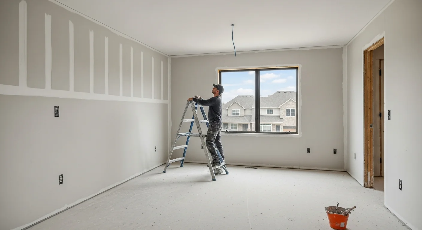 A freshly finished drywall surface in a Hudson, Ohio home showing smooth, seam-free walls ready for paint. A professional applies a final coat of joint compound to a large interior wall in a single-family home.