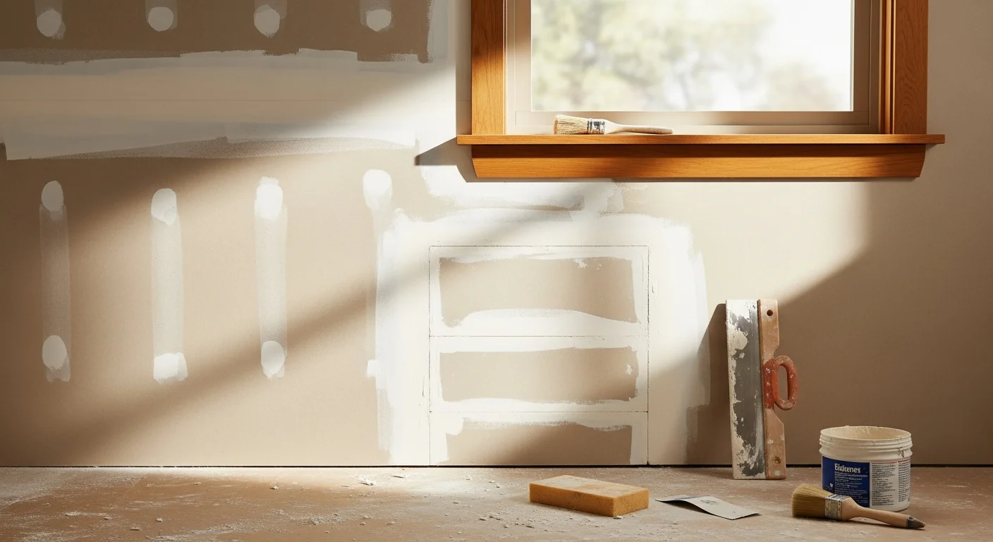 A smooth, freshly patched and primed interior wall in a Hudson, Ohio single-family home, showing a seamless repair where a hole and surrounding nail pops have been filled, sanded, and made paint-ready. The wall surface is even with no visible seams or texture differences.