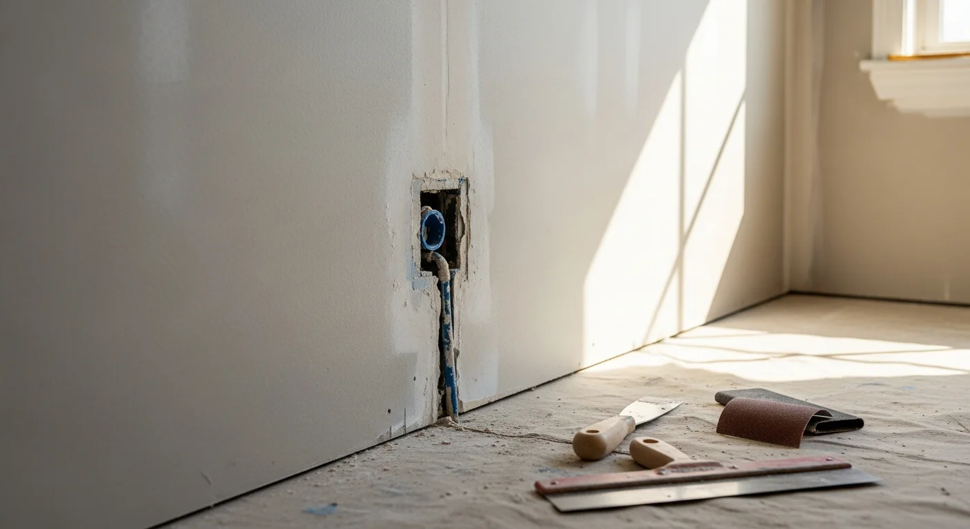 A freshly repaired and smooth interior wall in a Hudson, Ohio home, with the patched area blended into the surrounding texture. Close-up view showing a seamless drywall repair finish ready for paint.