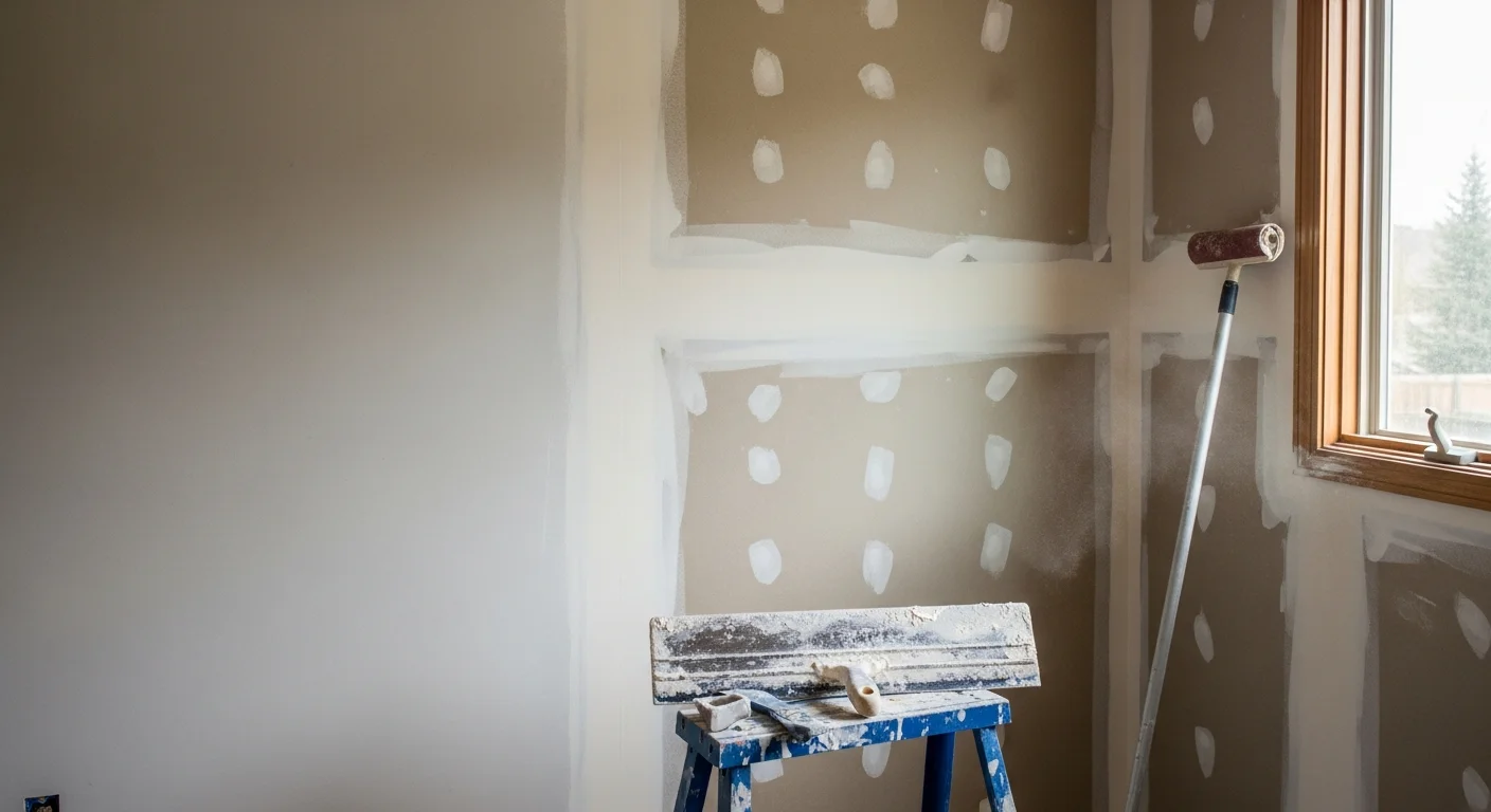 A freshly mudded and taped drywall wall inside a large single-family home in Hudson, Ohio, showing smooth, sanded seams ready for paint. Close-up view of feathered joint compound along a horizontal seam with no visible ridges or tape lines.