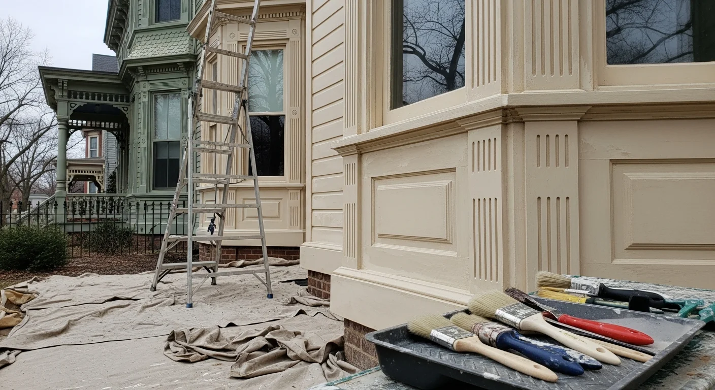 Freshly painted two-story Western Reserve-style home in Hudson, Ohio, with bright white trim, dark shutters, and detailed porch millwork. The exterior shows clean, even coverage on wood lap siding with no visible peeling or brush marks.