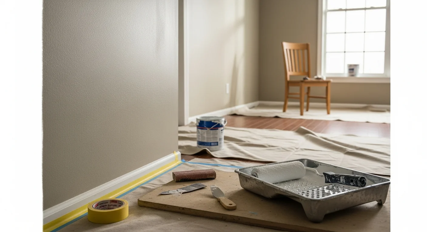 A freshly painted living room interior in a Hudson, Ohio home, showing smooth walls in a neutral tone with clean trim lines and natural light coming through the windows. The room features updated wall color consistent with the Colonial-style architecture common in Hudson's residential neighborhoods.