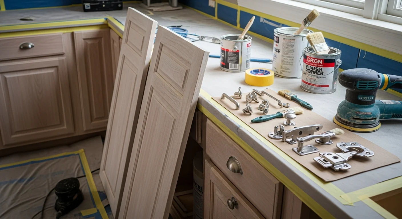 Kitchen cabinets in a Hudson, Ohio home after professional refinishing by Xclusive Painting Company, showing smooth, evenly coated cabinet doors and drawer fronts in a colonial-style kitchen layout. Close-up view highlights clean edges, consistent sheen, and reinstalled hardware against painted cabinet boxes.