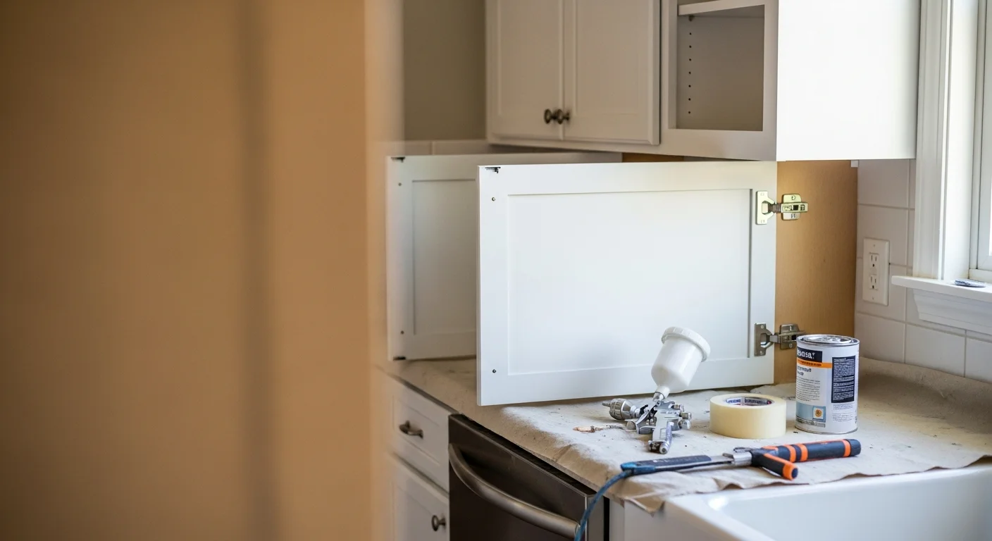 Freshly repainted white kitchen cabinets with clean satin finish inside a large single-family home in Hudson, Ohio. Cabinet doors are rehung and hardware is reinstalled, showing the completed repainting result.