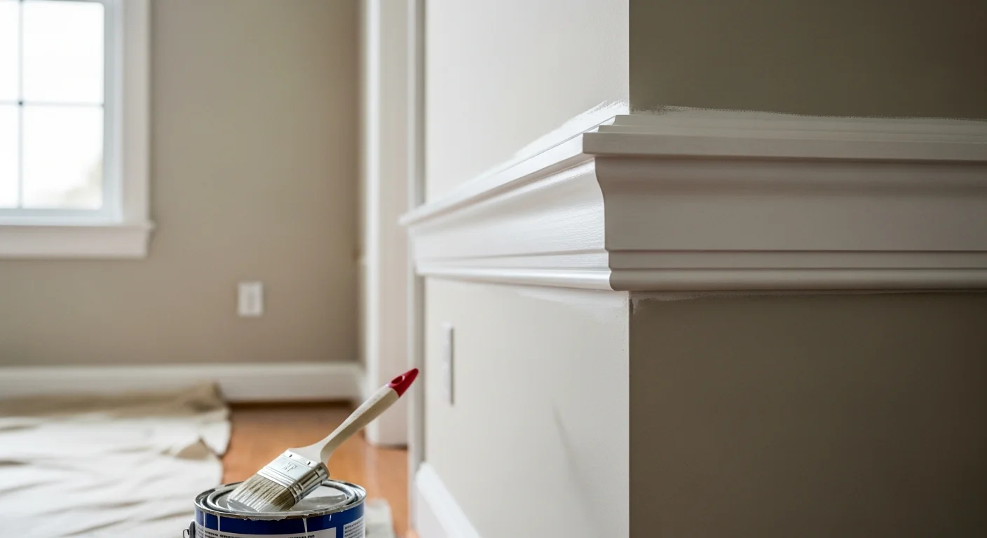 A freshly painted white crown molding and baseboard trim in a Hudson, Ohio home interior, showing clean edges where trim meets a neutral-colored wall. Close-up view highlights smooth, even sheen with no brush marks or gaps along the caulk line.